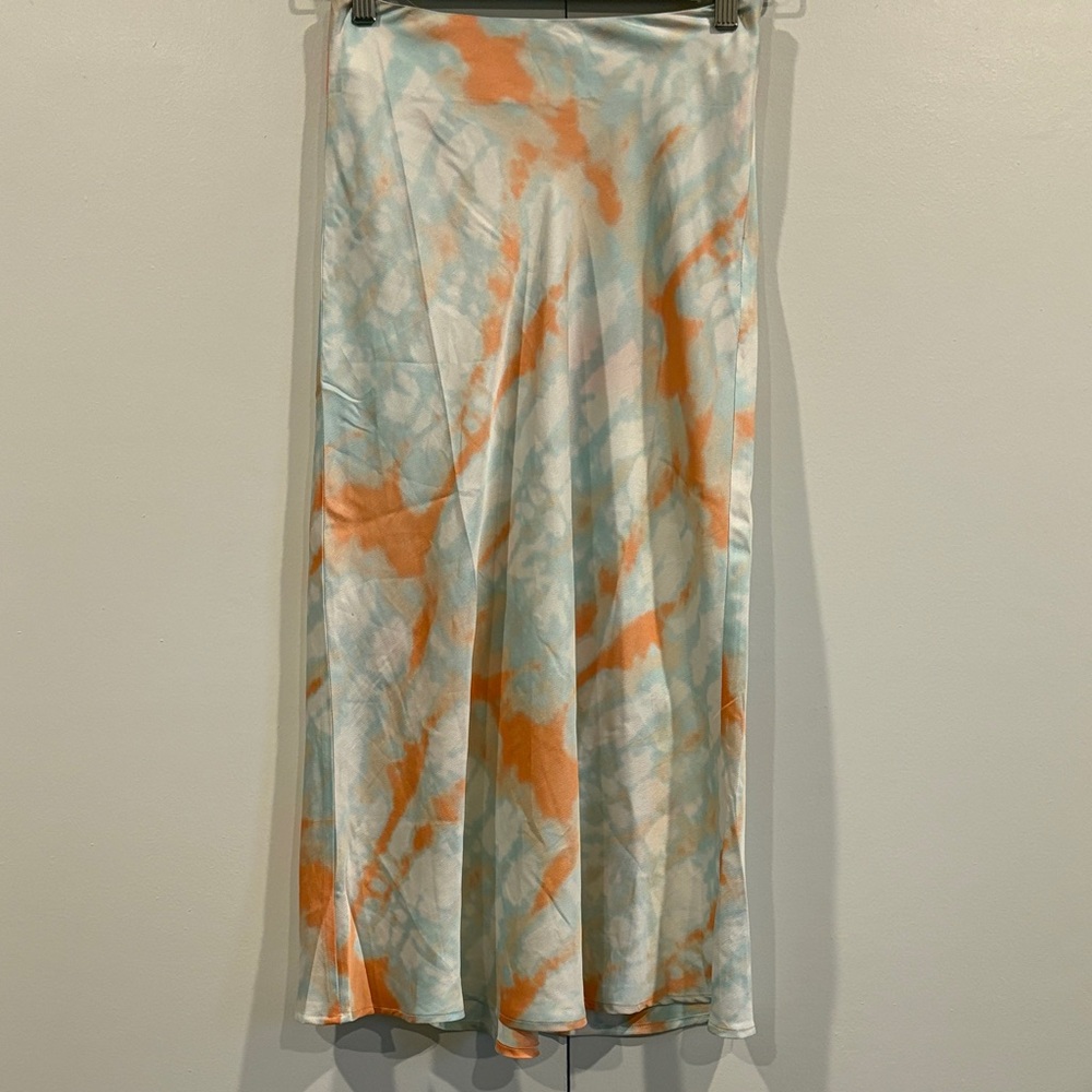 Cotton Candy Satin Midi Slip Skirt - Orange and Blue Size XS